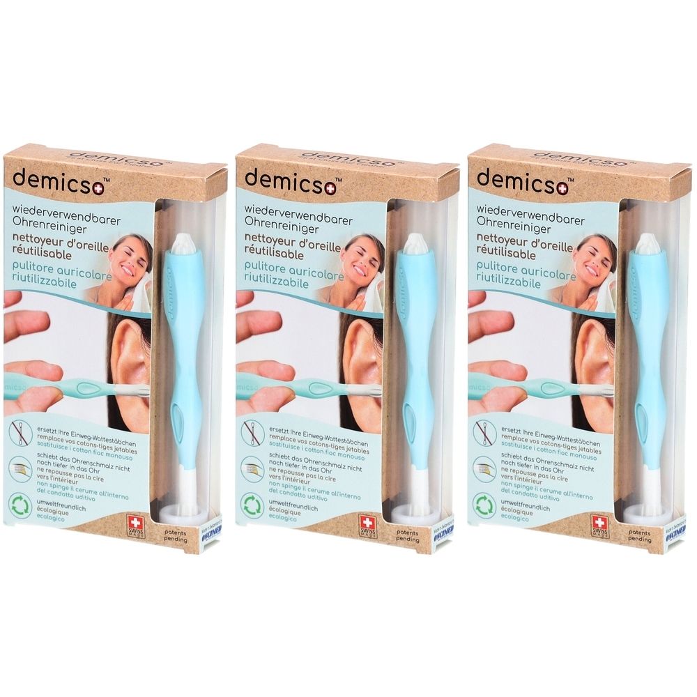 Trois nettoyeurs d'oreilles dans leur emballage. Manches bleu clair, pointes blanches. Inscription: demicso, réutilisable.