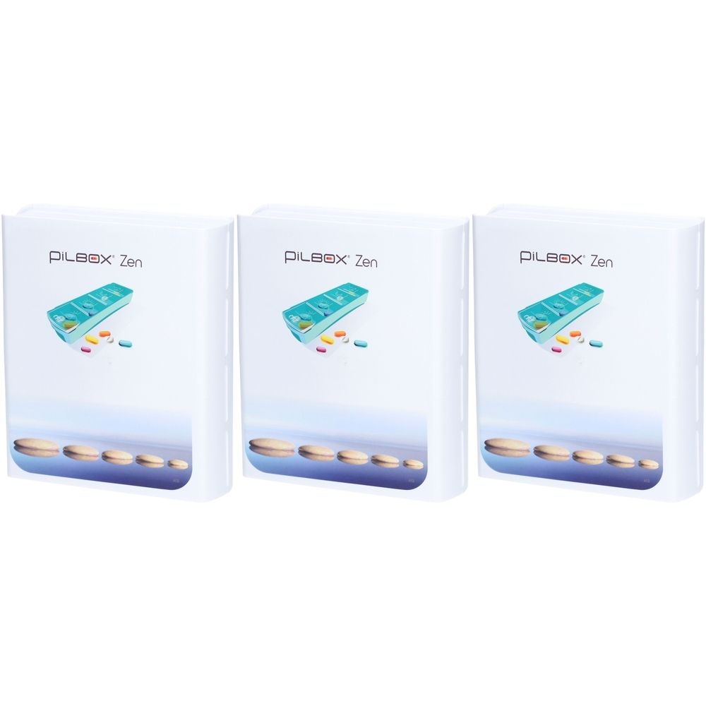 Trois piluliers blancs avec l'inscription "PILBOX Zen". Chaque boîte affiche une image d'un pilulier et de pilules.
