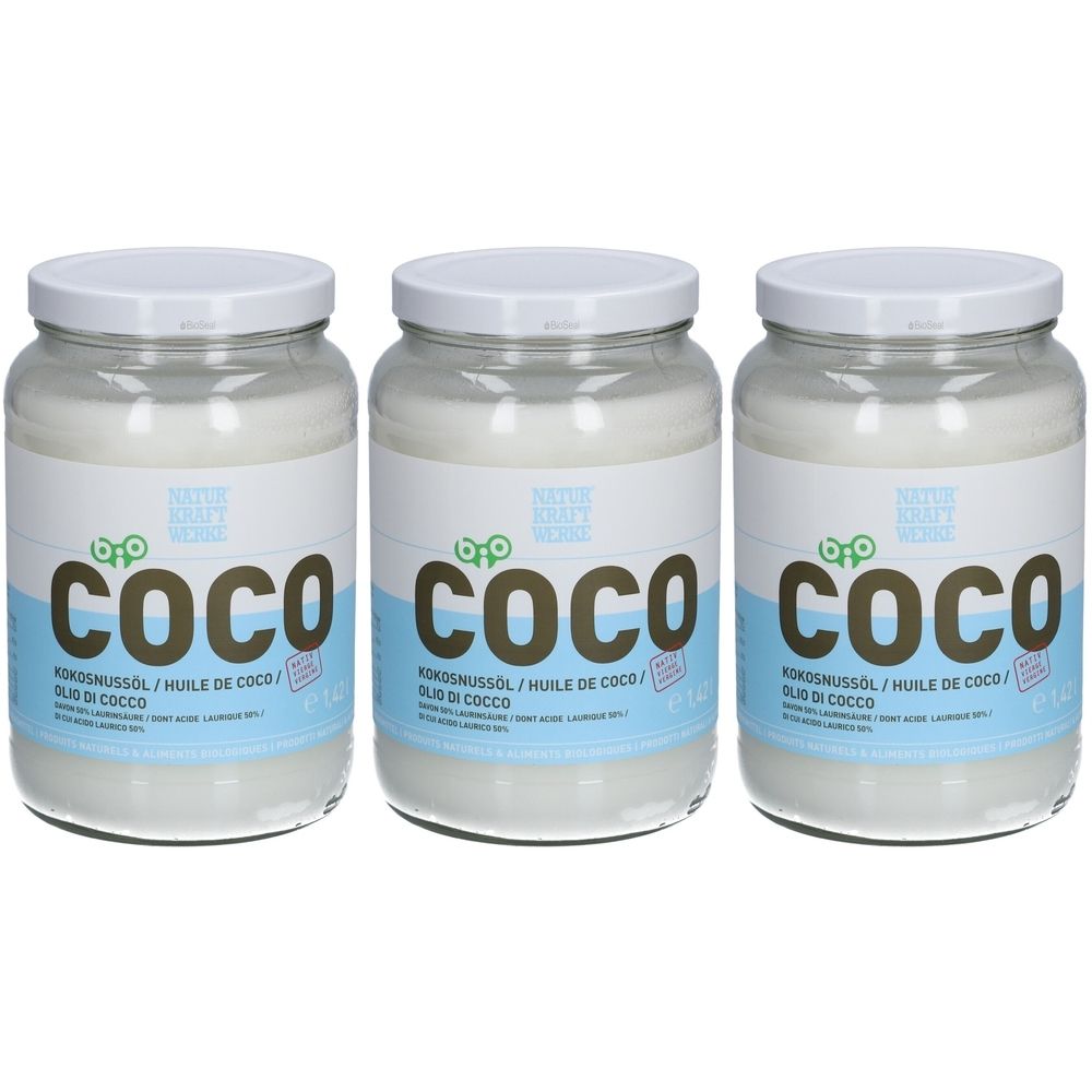 Trois pots de coco. Couvercles blancs. Inscription "COCO" et "NATURKRAFTWERKE". Étiquette avec informations.