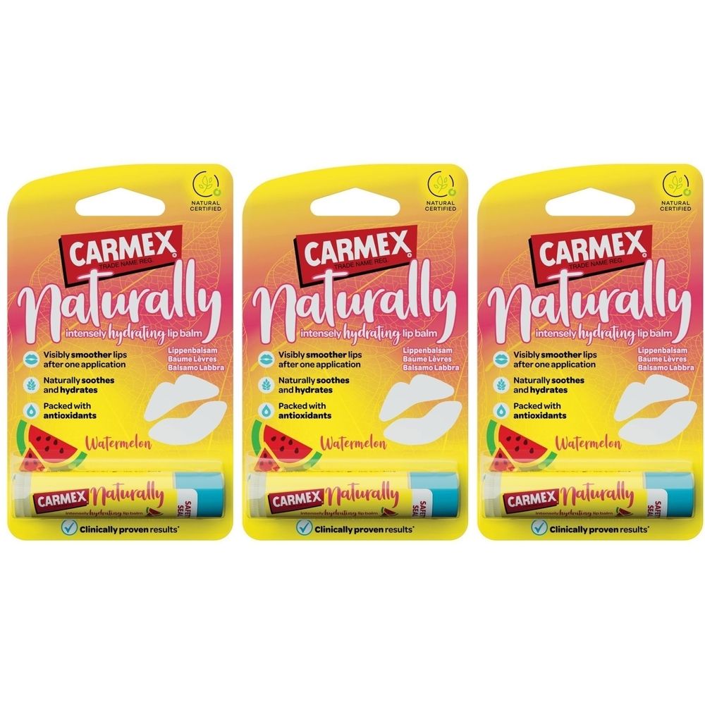 Trois paquets de baume à lèvres. Emballage jaune avec nom du produit et illustration de pastèque. Bâtons de baume à lèvres visibles.