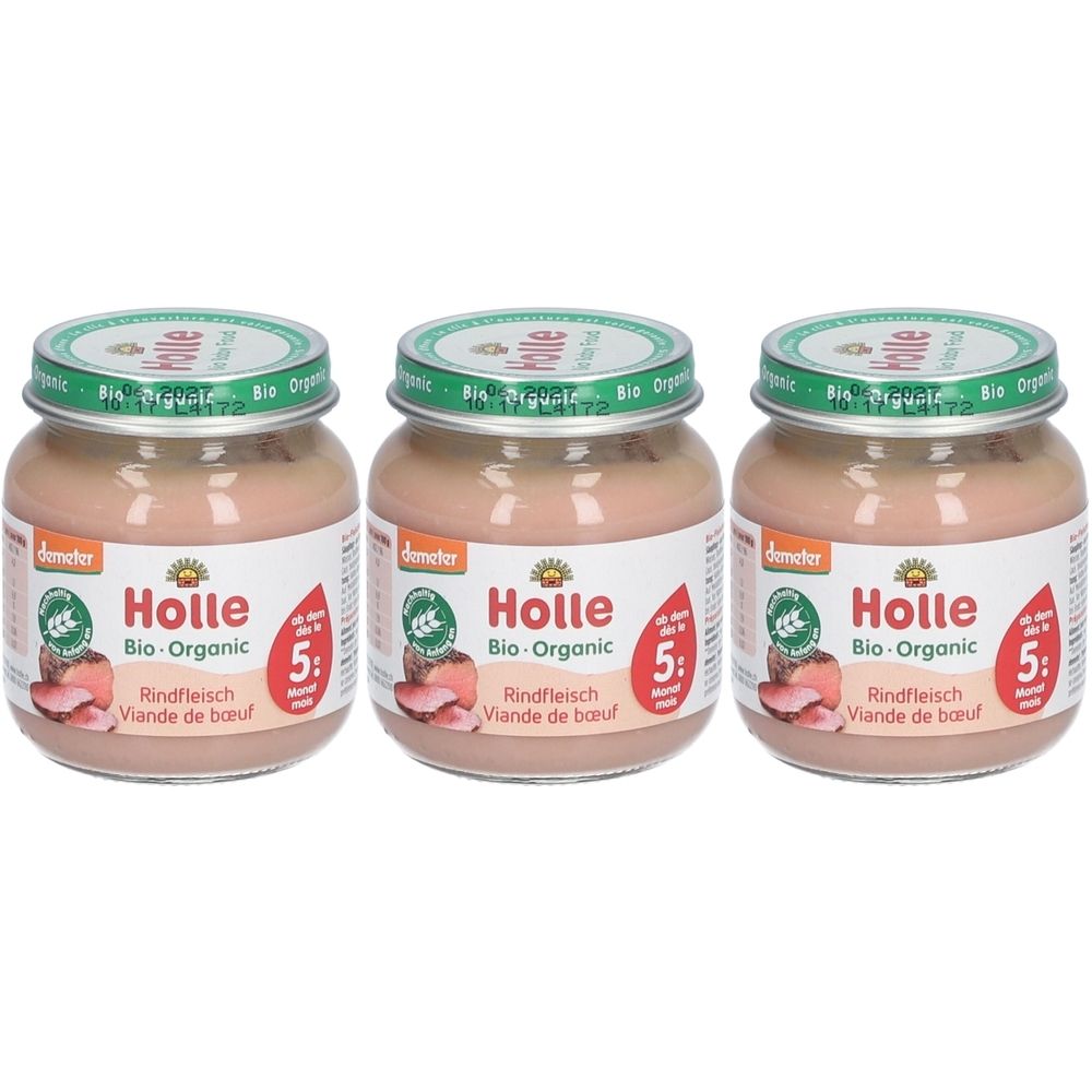 Trois pots de Holle Bio-Rindfleisch pour bébés dès 5 mois. Pots avec couvercles, étiquettes avec logo et texte.