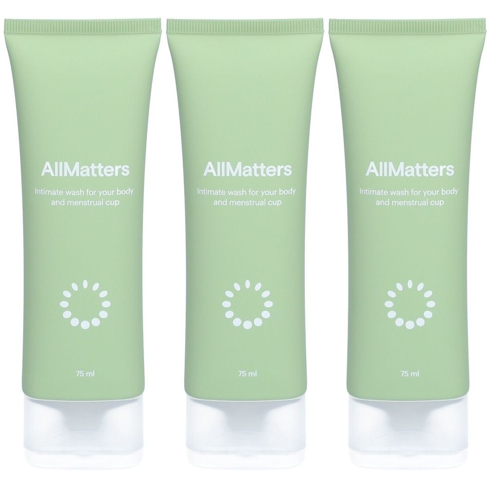 Trois tubes verts avec bouchons blancs. Chaque tube porte la mention "AllMatters" et "Intimate wash for your body and menstrual cup".