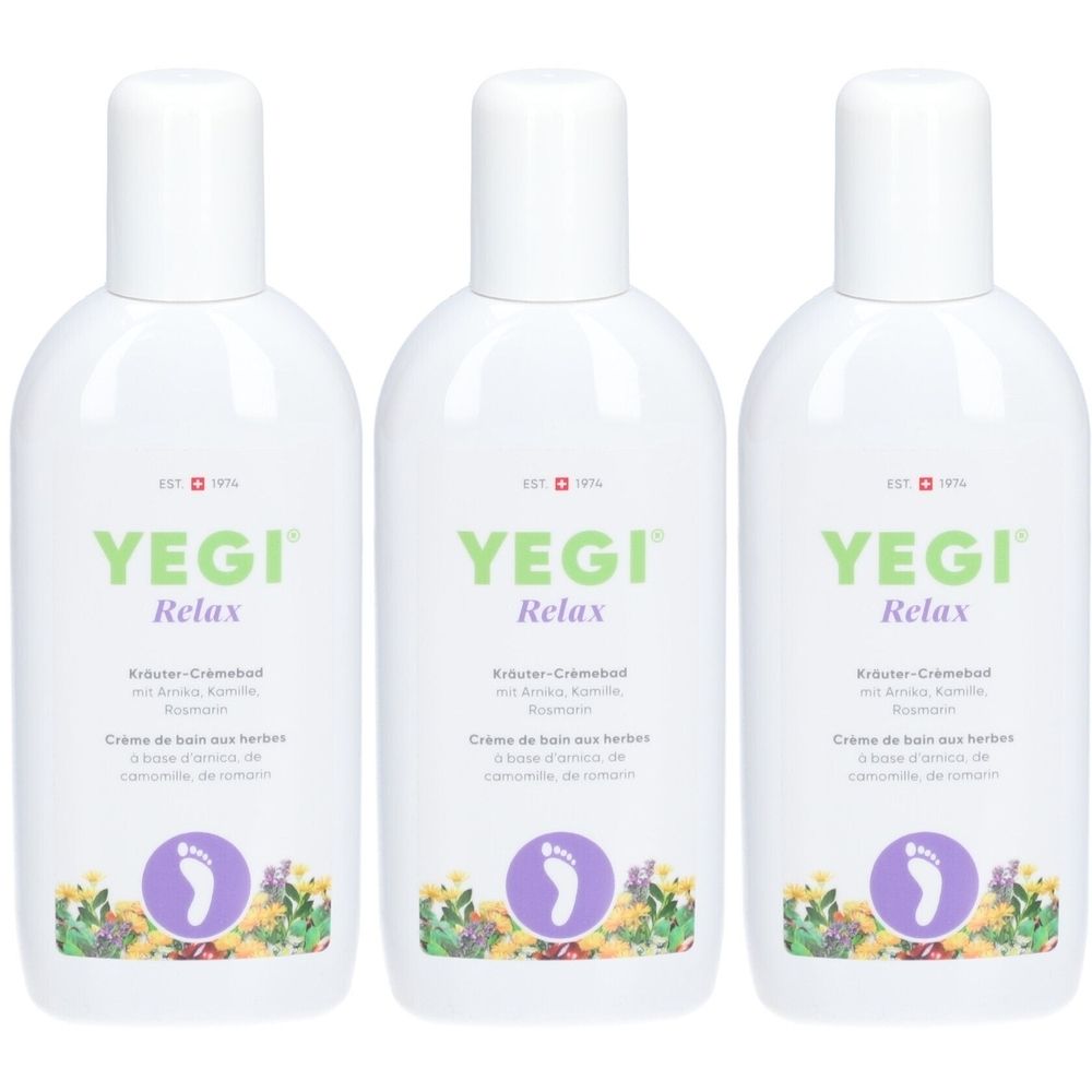Trois flacons blancs avec l'inscription verte YEGI Relax. Texte en dessous et un symbole de pied violet avec des fleurs.