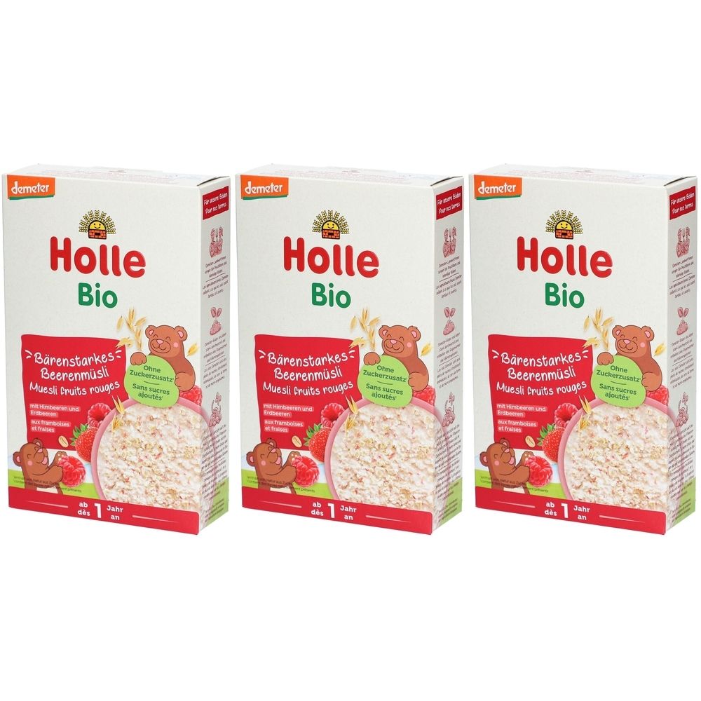 Trois boîtes de muesli. Chaque boîte porte la mention "Holle Bio". Illustration d'ours et de baies. Label Demeter.