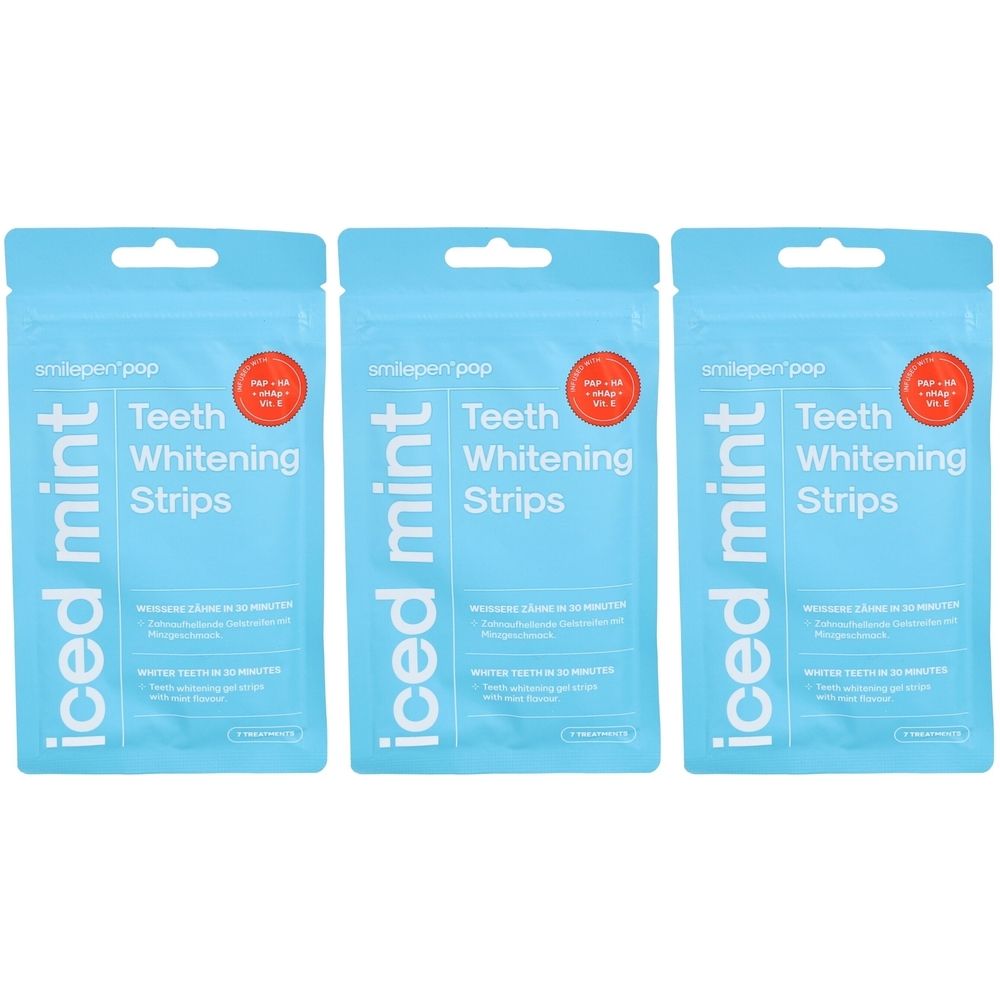 Trois paquets de bandes blanchissantes SMILEPEN Pop Iced Mint. Emballage bleu clair avec nom du produit et autocollant rouge.
