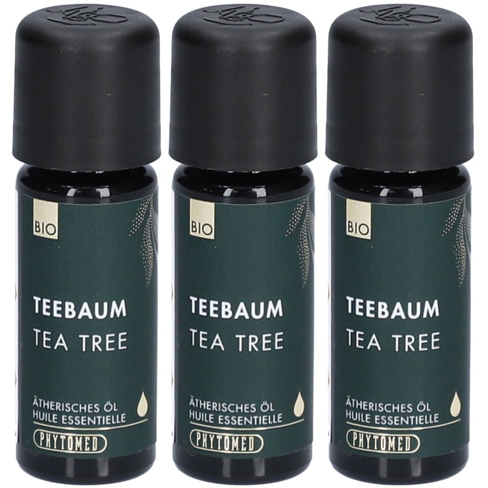 Trois flacons avec bouchons noirs. Inscription: Teebaum, Tea Tree, Huile essentielle, BIO. Marque: Phytomed.