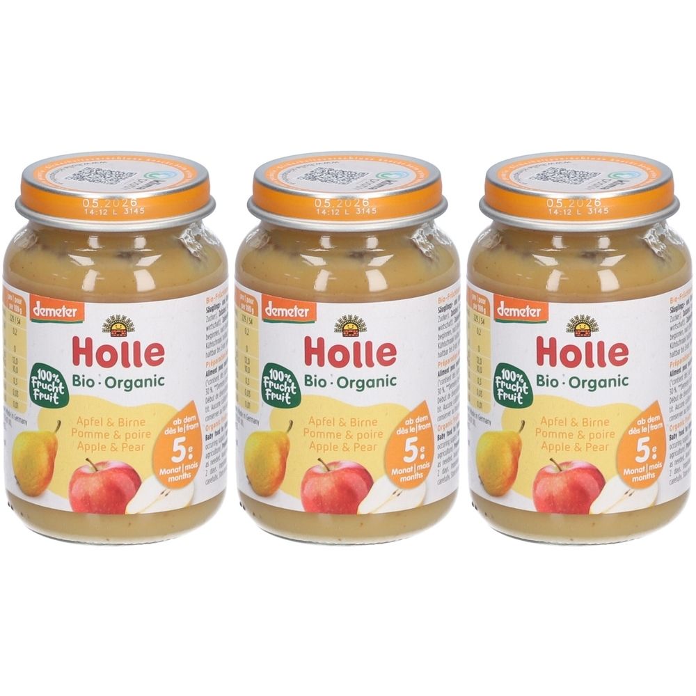 Trois pots de Holle Bio-Pomme et Poire. Étiquettes avec logo, nom du produit et illustrations de pomme et poire. Label Demeter.
