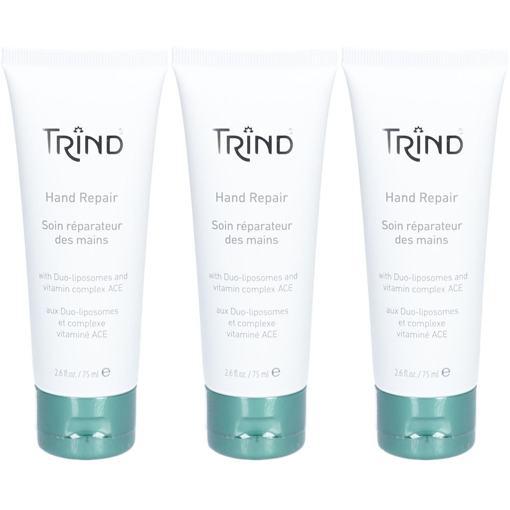 Trois tubes de crème pour les mains. Inscription : TRIND Hand Repair. Texte en français. Sous-titre : Avec Duo-liposomes et complexe vitaminé ACE.