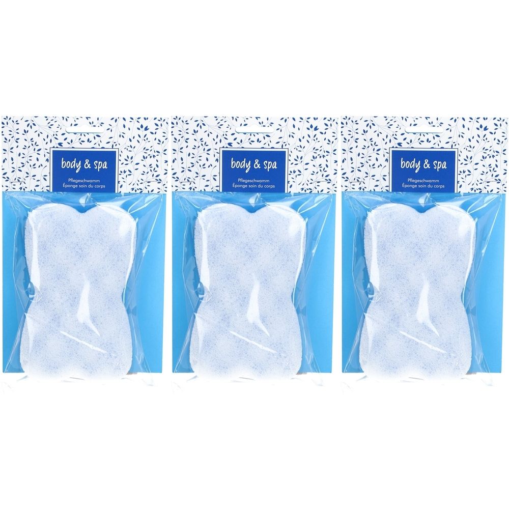 Trois éponges à deux phases dans un emballage plastique. Chaque éponge a une forme cintrée. L'emballage porte la mention "body & spa".