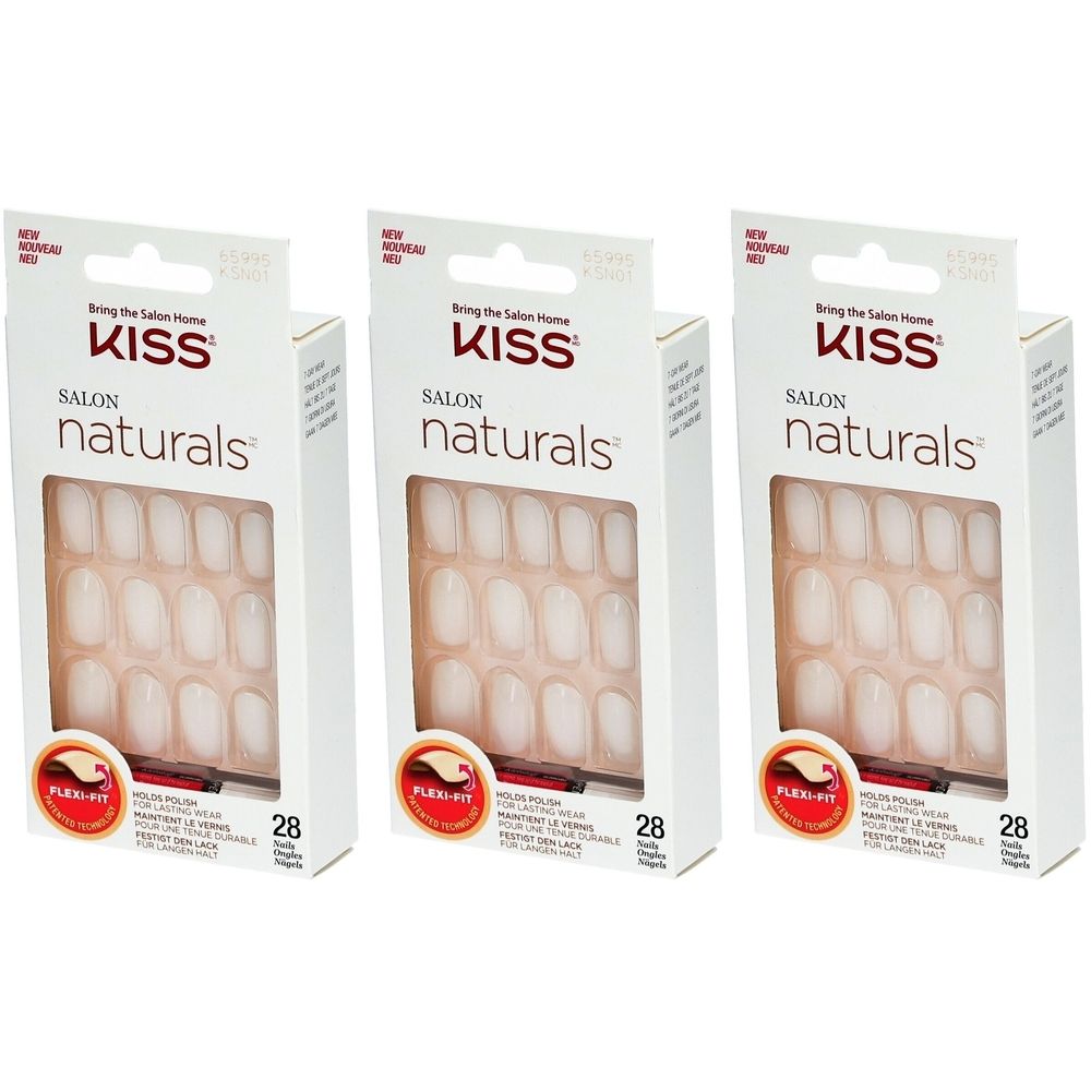 Trois boîtes de faux ongles Kiss Salon Naturals. Ongles blancs. Chaque boîte contient 28 ongles. Technologie Flexi-Fit.
