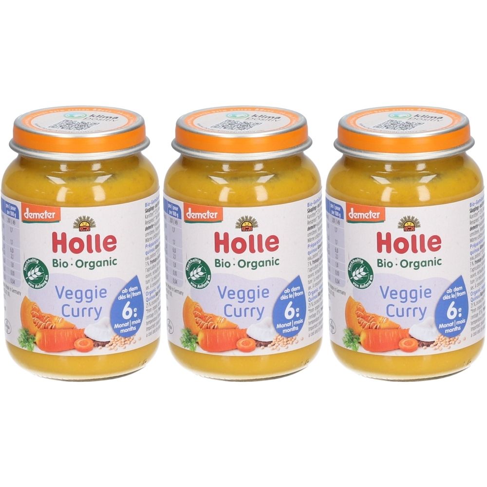 Trois pots de HOLLE Bio-Gemüsecurry. Pots avec couvercles, étiquettes avec logo et texte. Label Demeter. Dès 6 mois.