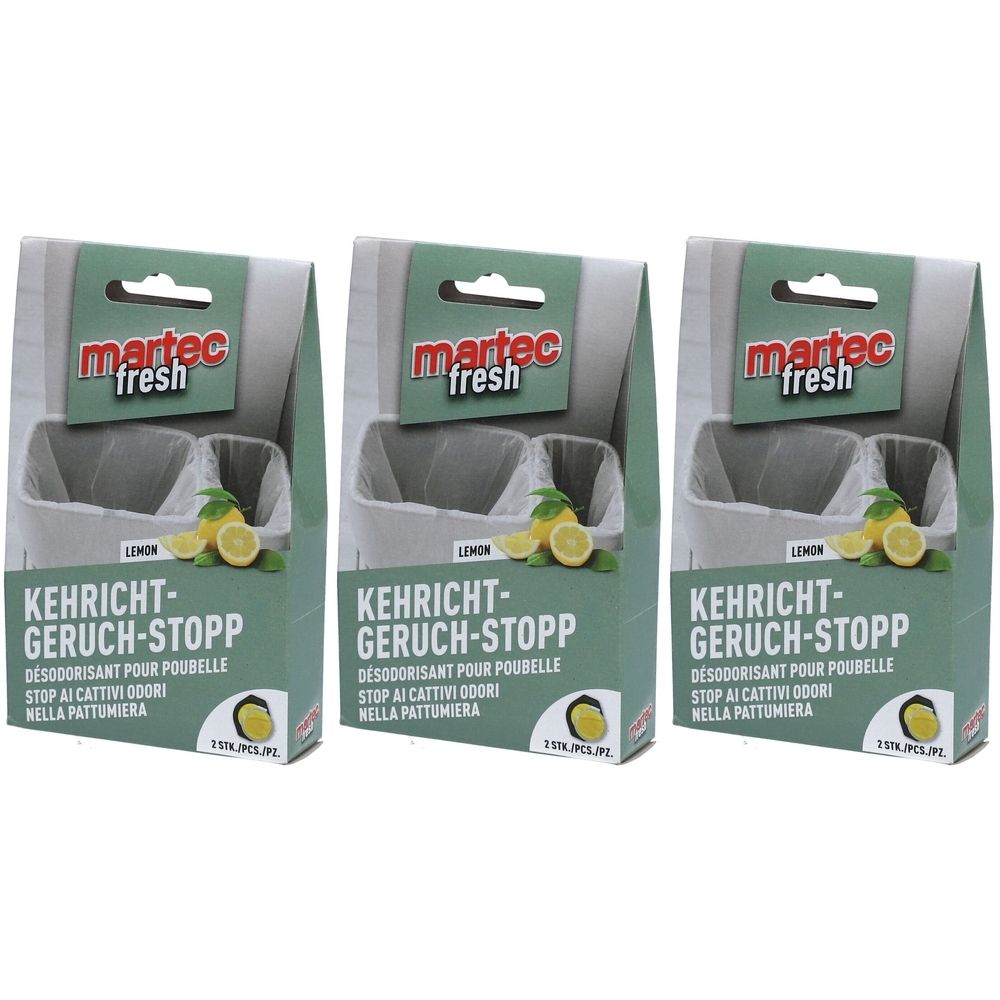 Trois paquets de MARTEC Kehricht Geruch Stopp. Chaque paquet montre un récipient avec des citrons. Texte: Kehricht-Geruch-Stopp, Désodorisant pour poubelle.