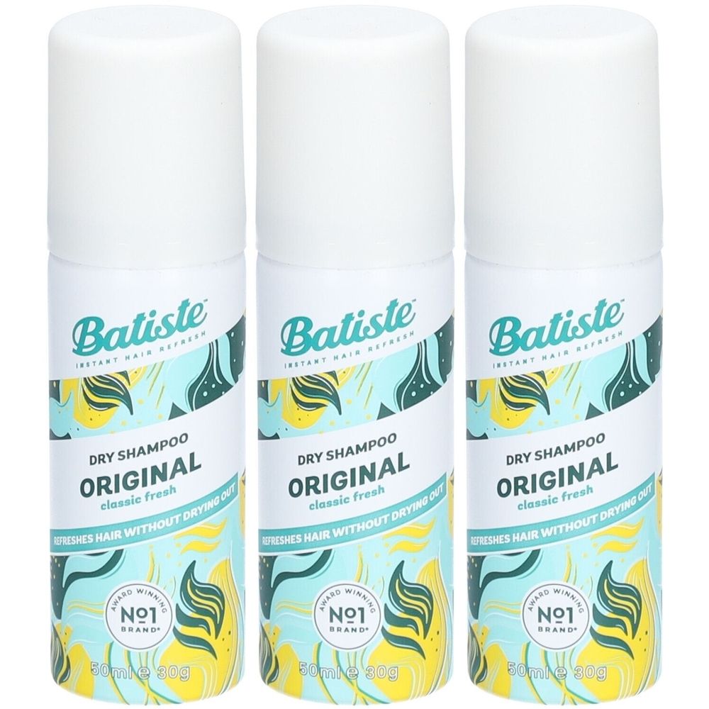 Trois flacons de shampooing sec Batiste Original. Bouchon blanc, étiquette avec texte. Marque n°1.