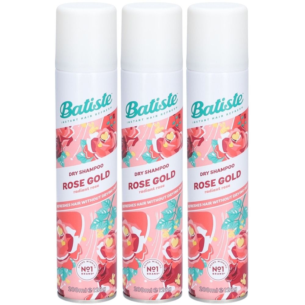 Trois bouteilles de shampooing sec. Inscription : Batiste, Rose Gold. Motif floral. Bouchon blanc. 200ml.