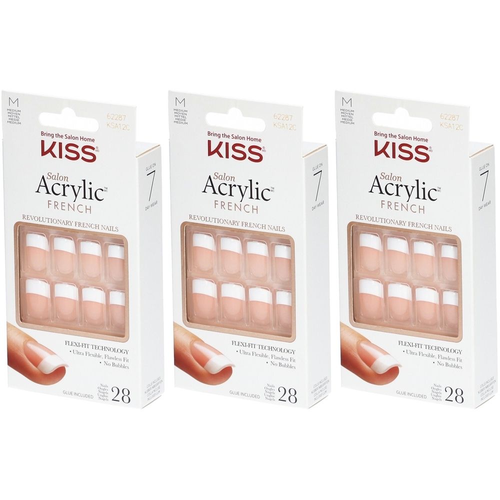 Trois boîtes de faux ongles. Chaque boîte porte la mention "KISS Acrylic French". Les ongles sont roses avec des pointes blanches.
