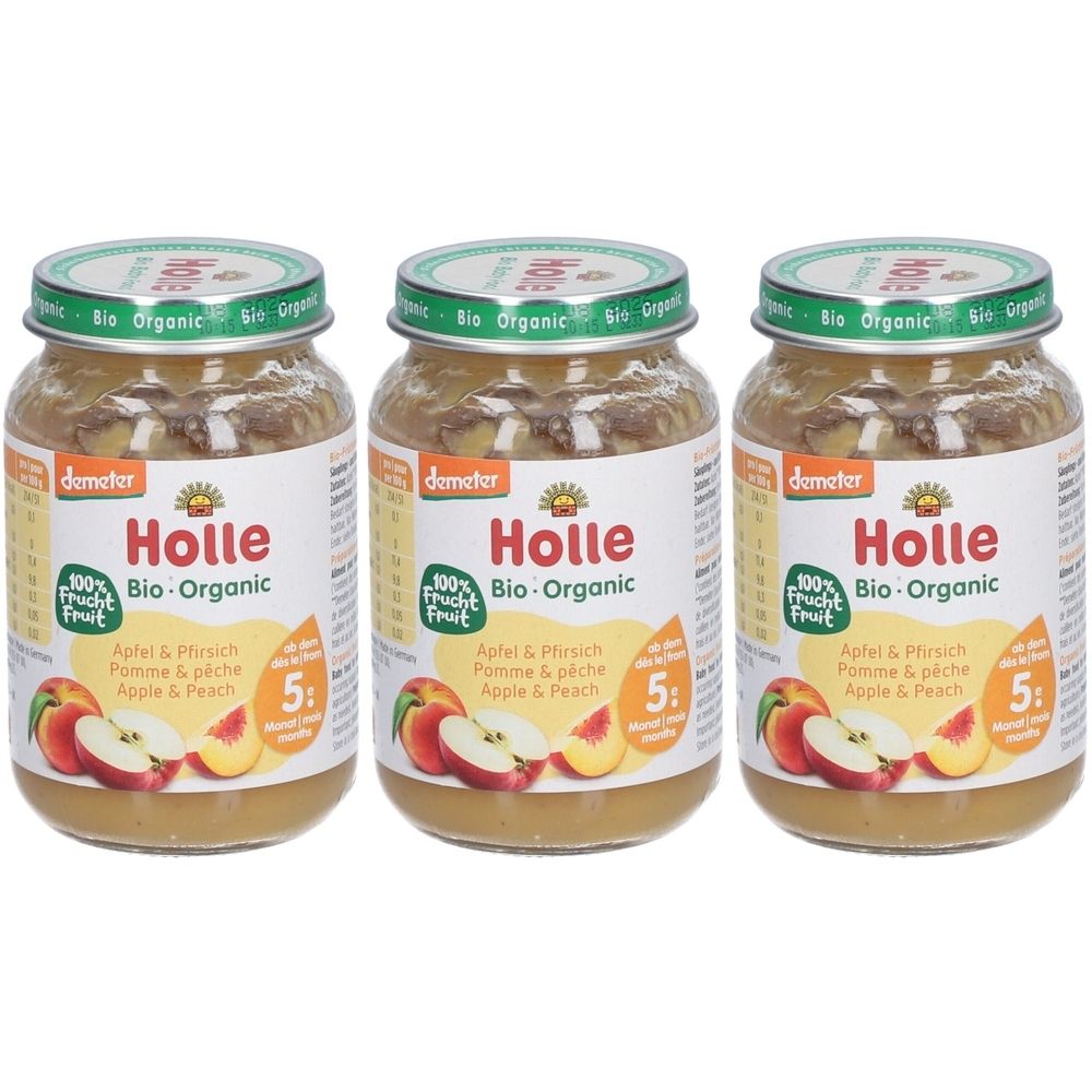 Trois pots de Holle Bio-Pomme et Pêche. Pots en verre avec couvercles à vis, étiquettes avec nom du produit et illustrations.