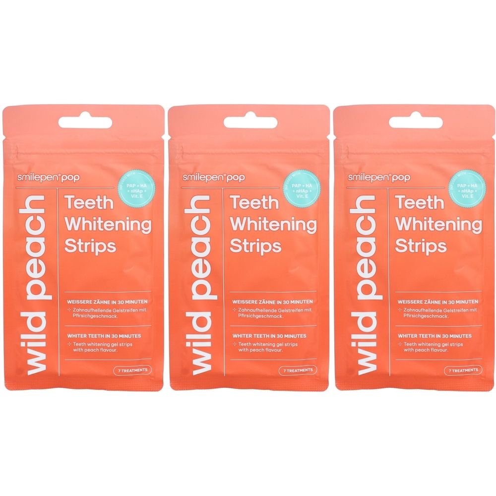 Trois paquets de bandes blanchissantes SMILEPEN Pop. Chaque paquet est de couleur orange avec du texte blanc et un trou pour l'accrochage.