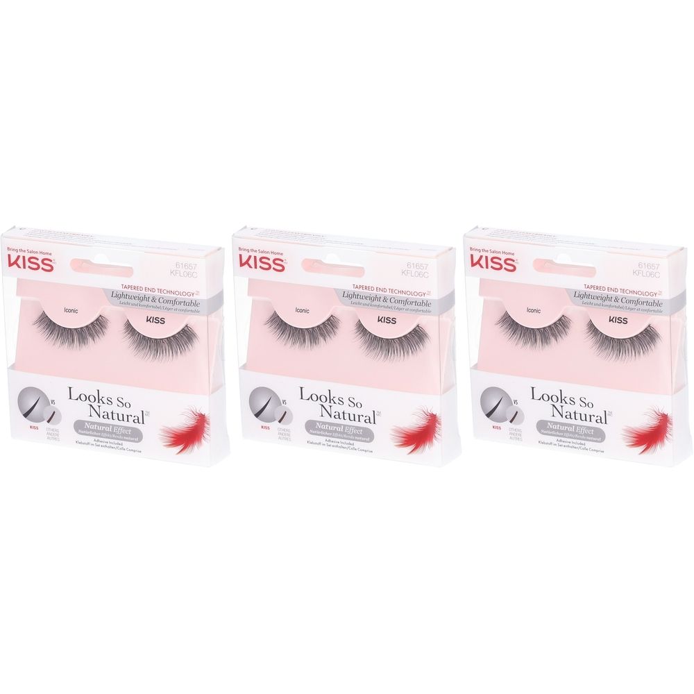 Trois boîtes de faux cils KISS Looks So Natural Iconic. Emballage avec nom et caractéristiques du produit.