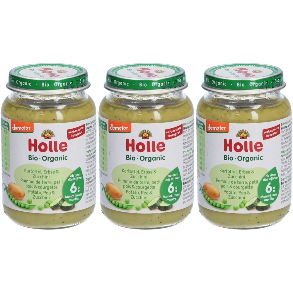 Trois pots de purée pour bébé Holle Bio-Organic. Inscription: Pomme de terre, petit pois & courgette. 6 mois et plus. Label Demeter.