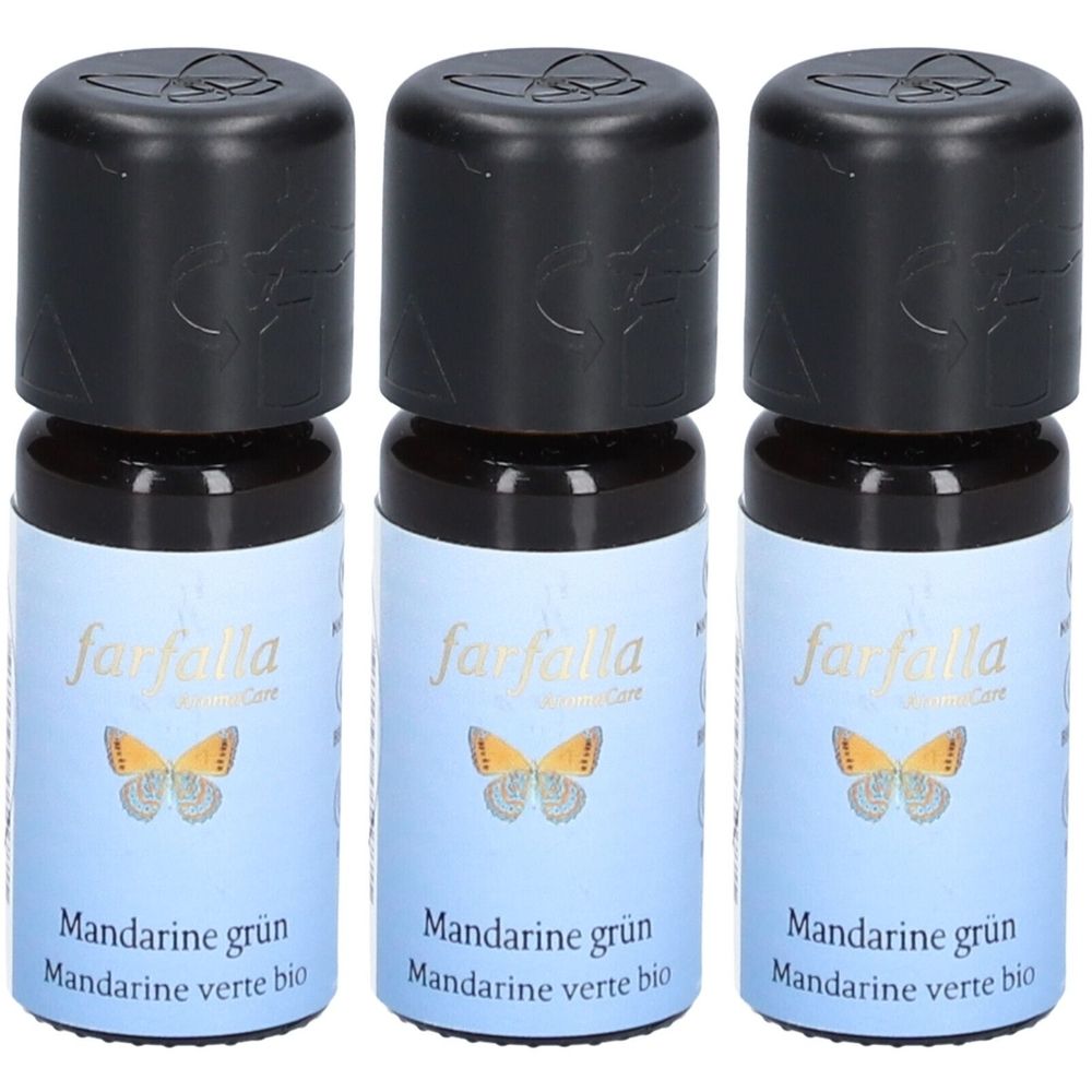 Trois petites bouteilles avec des bouchons noirs. Les étiquettes indiquent "farfalla" et "Mandarine grün".