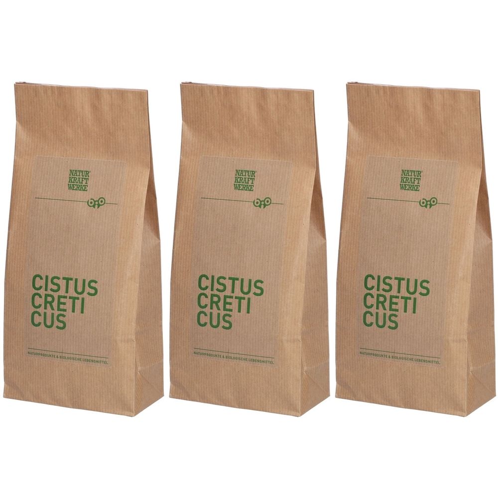 Trois sacs en papier brun avec impression verte. Chaque sac porte l'inscription "Cistus Creticus". Un logo est visible en haut à gauche.