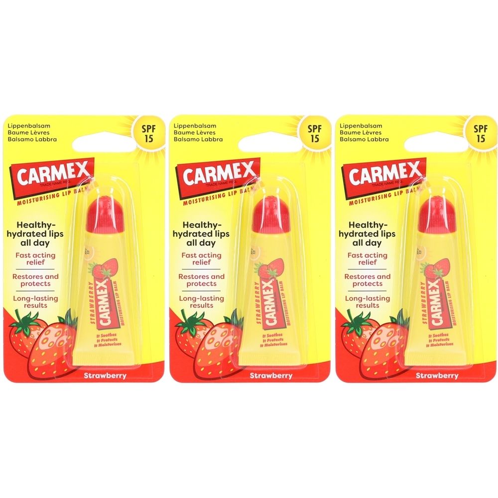 Trois baumes à lèvres CARMEX Fraise SPF15. Emballage jaune avec informations produit et illustrations de fraises.