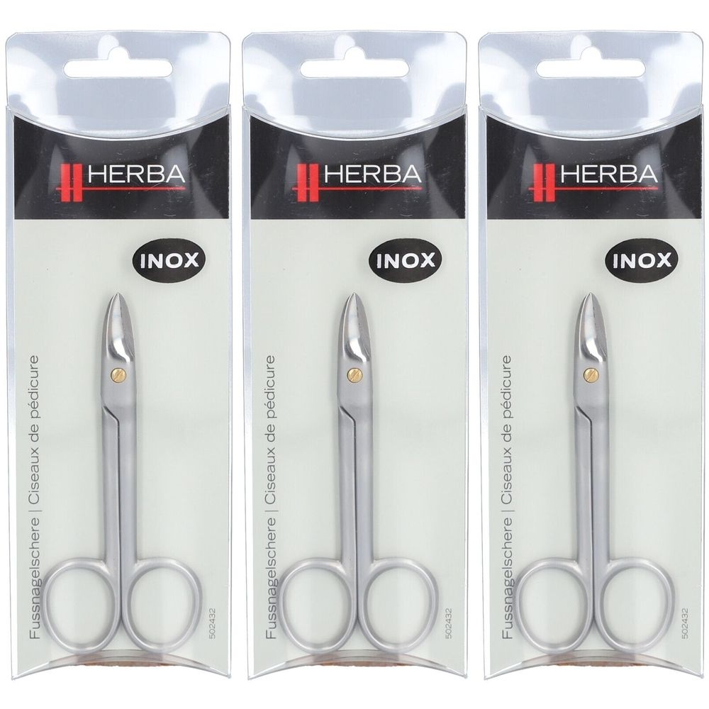 Trois ciseaux à ongles pour les pieds, emballés sous blister. Le nom "HERBA" et "INOX" sont visibles sur l'emballage.