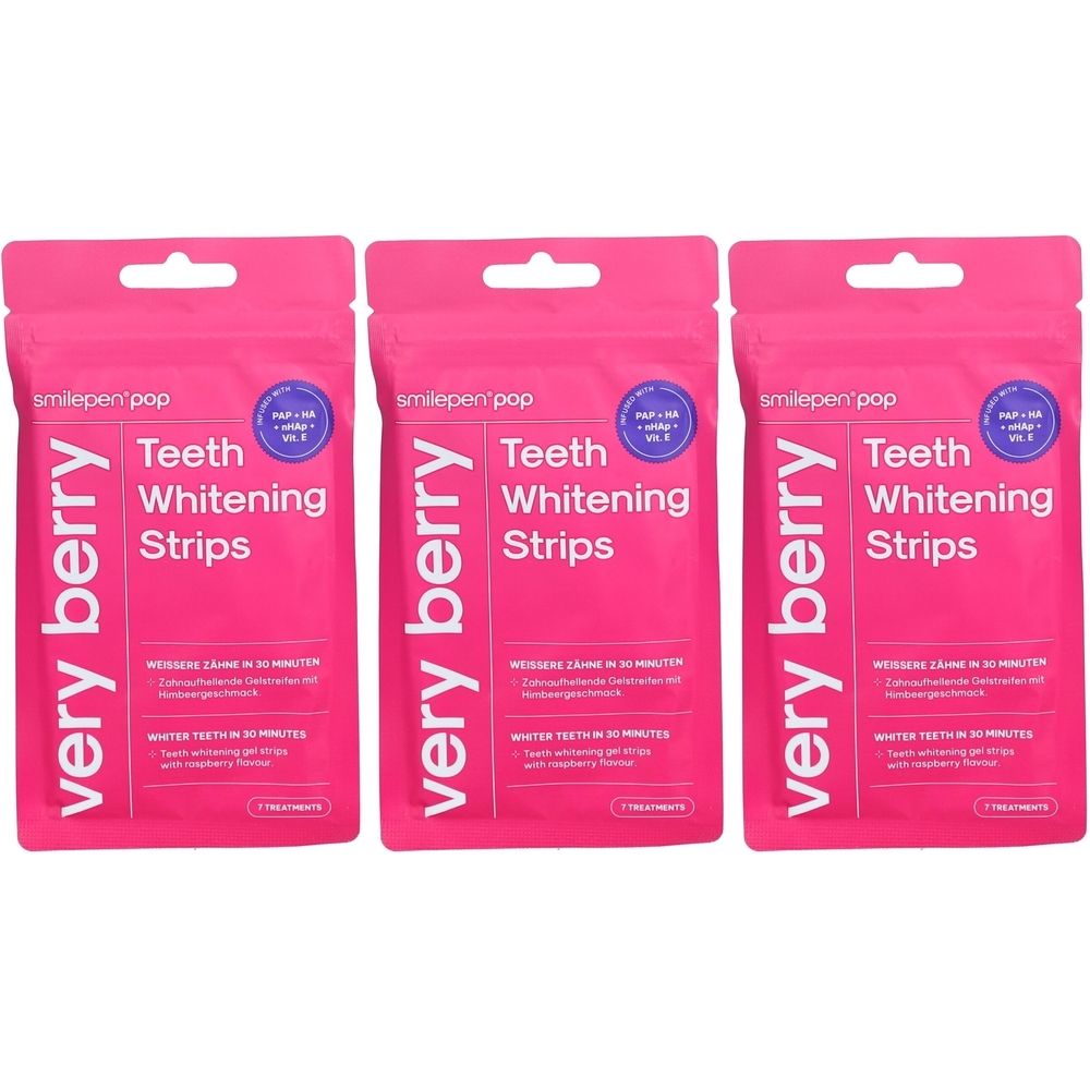 Trois paquets roses de "Teeth Whitening Strips". Inscription "very berry" et "smilepen pop". Cercles bleus avec texte.