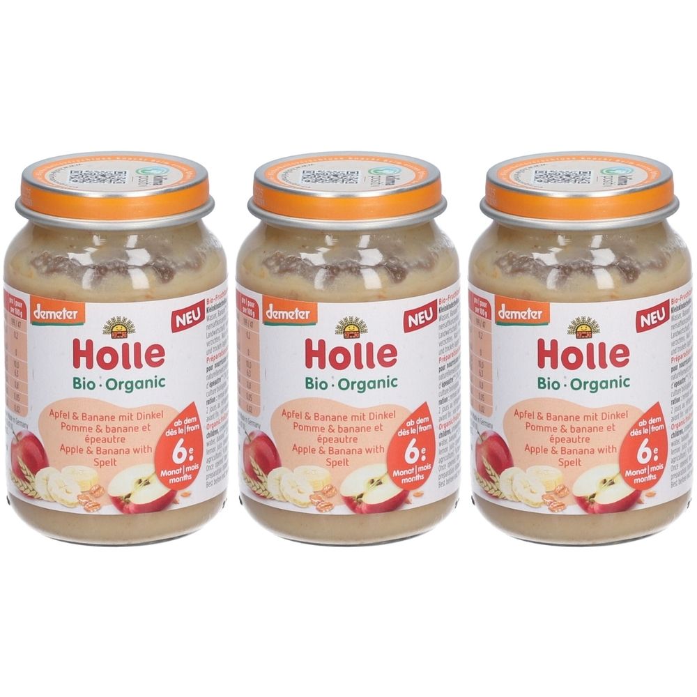 Trois pots de Holle Bio-Organic Pomme & Banane avec Épeautre. Pots en verre avec couvercles, étiquettes avec informations et logo Demeter.