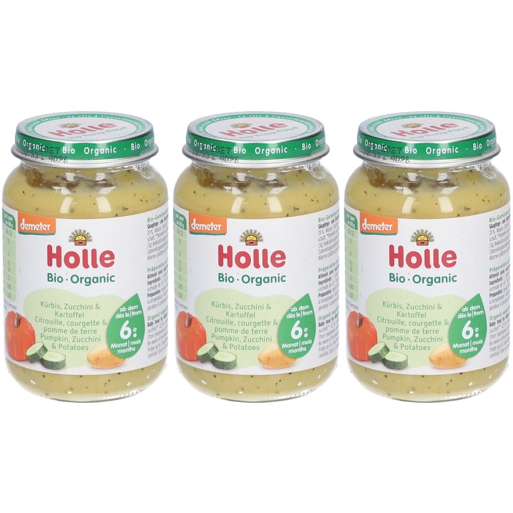 Trois pots de purée pour bébé Holle Bio-Organic. Inscription: Courge, courgette et pomme de terre. Label Demeter. Dès 6 mois.