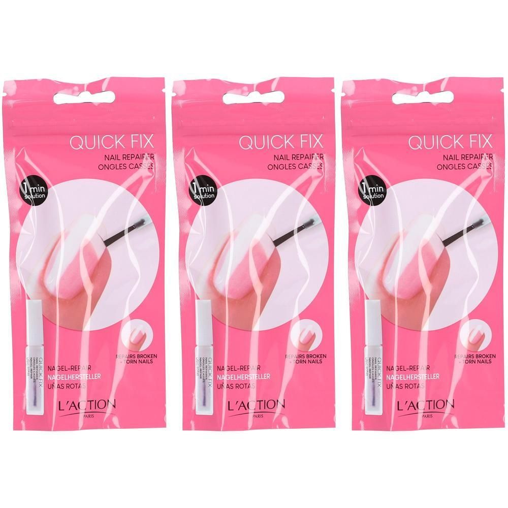 Trois paquets de Quick Fix réparateur d'ongles. Emballage rose avec image du produit et texte. L'ACTION COSMÉTIQUE®.
