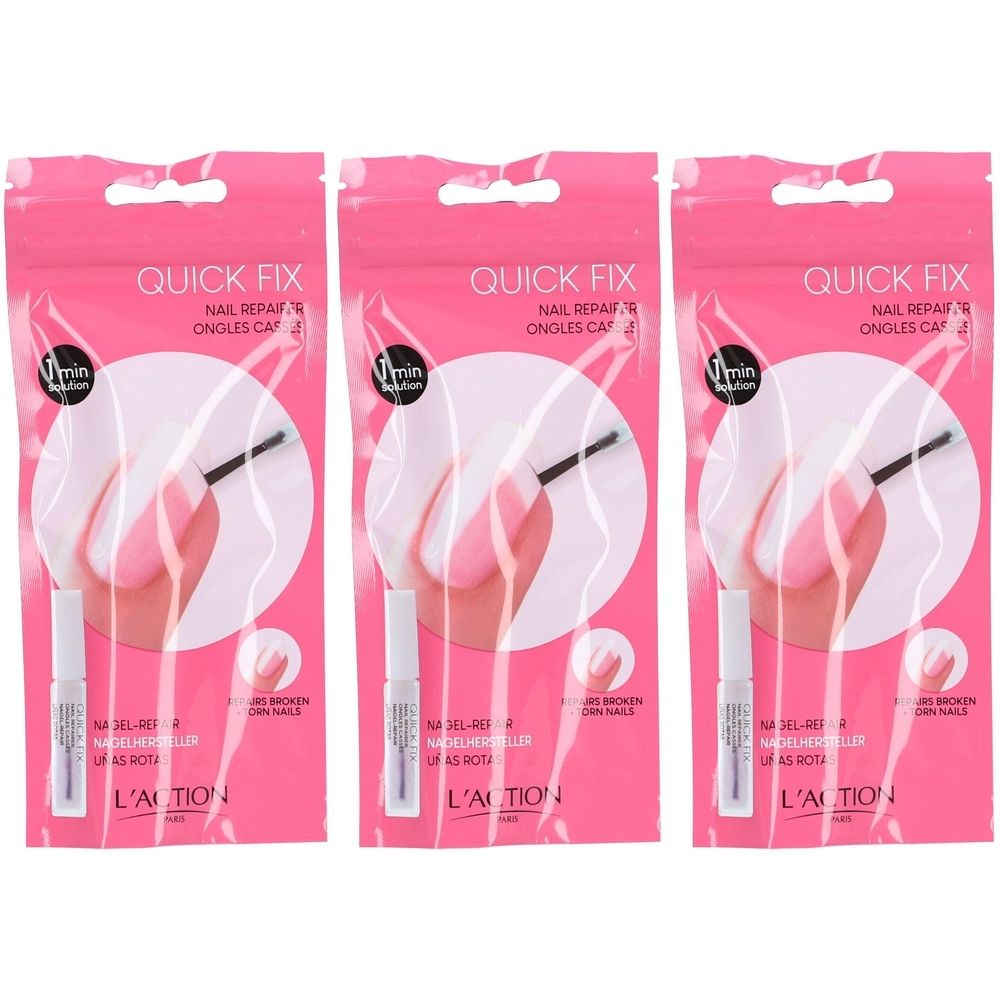 Trois emballages roses de réparation des ongles. Chaque emballage contient une bouteille et le texte: QUICK FIX, L'ACTION COSMETIQUE.