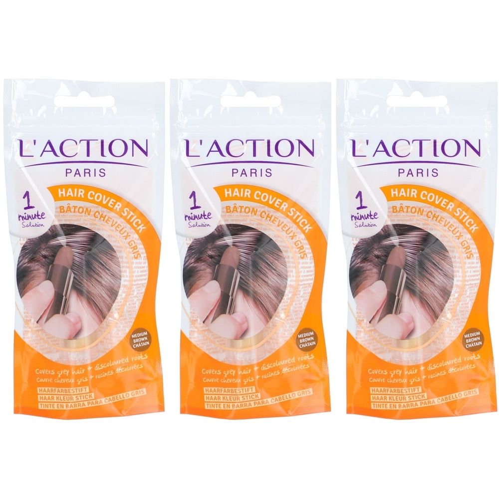 Trois paquets de L'ACTION PARIS Hair Cover Stick. Chaque paquet montre un produit de bâton de couverture capillaire et du texte. Emballage orange.