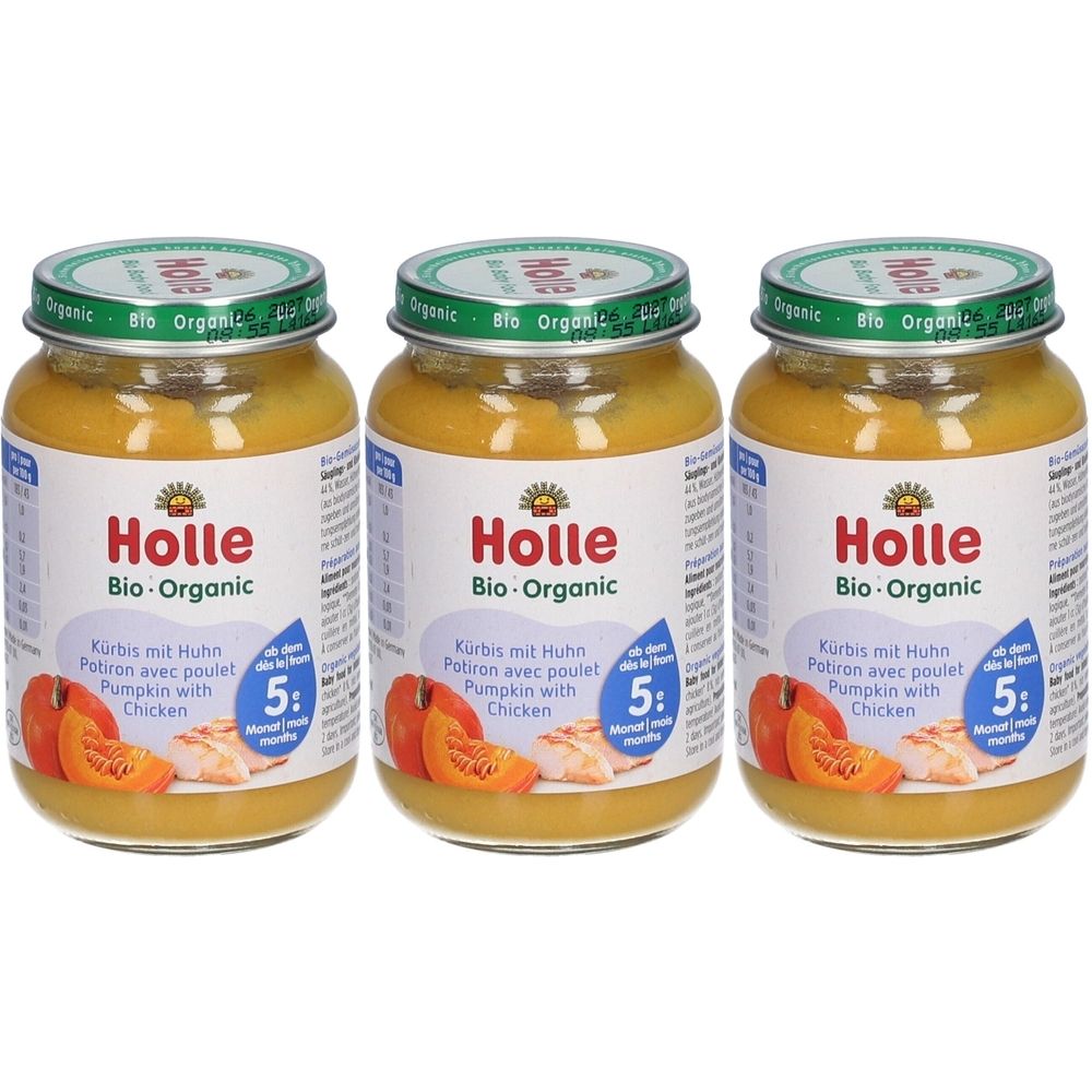 Trois pots de nourriture pour bébé. Inscription: Holle Bio-Organic Potiron avec poulet. Dès 5 mois. Couvercle vert, verre transparent.