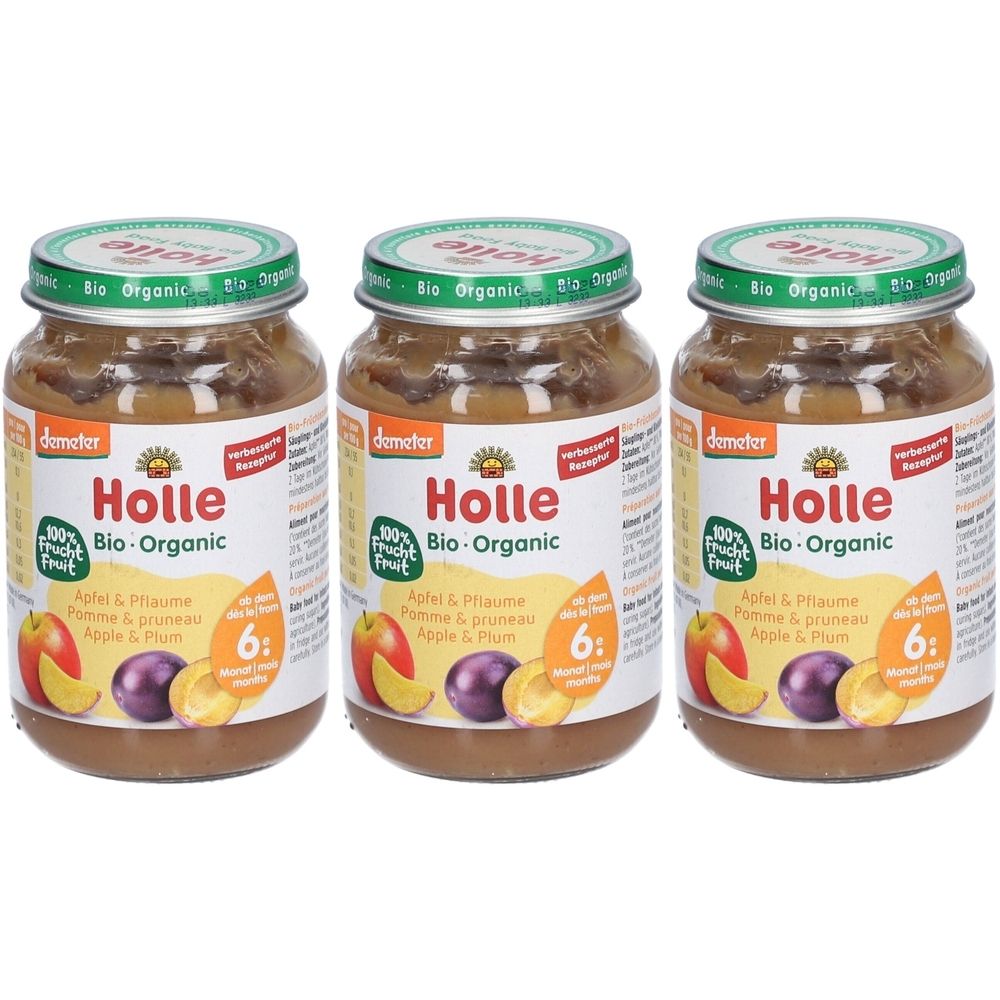 Trois pots de Holle Bio-Organic Pomme & Prune. Pots avec bouchons à vis, étiquettes avec informations produit et logo Demeter. Convient dès 6 mois.