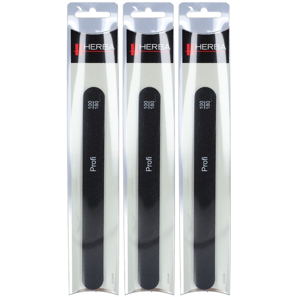 Trois limes à ongles noires dans un emballage transparent. Chaque lime porte l'inscription "Profi", "100/180" et le logo HERBA.