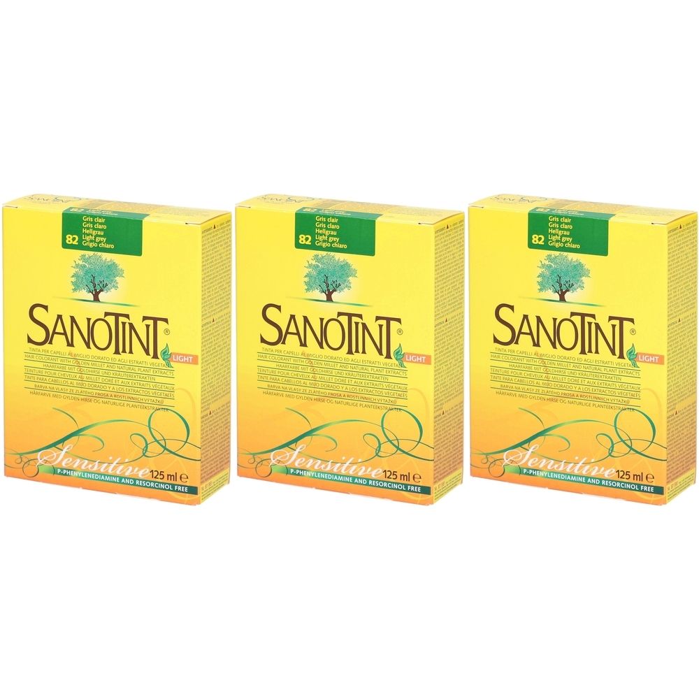 Trois boîtes jaunes "Sanotint Classic". Chaque boîte affiche "Sensitive" et "125 ml". Un arbre est visible.