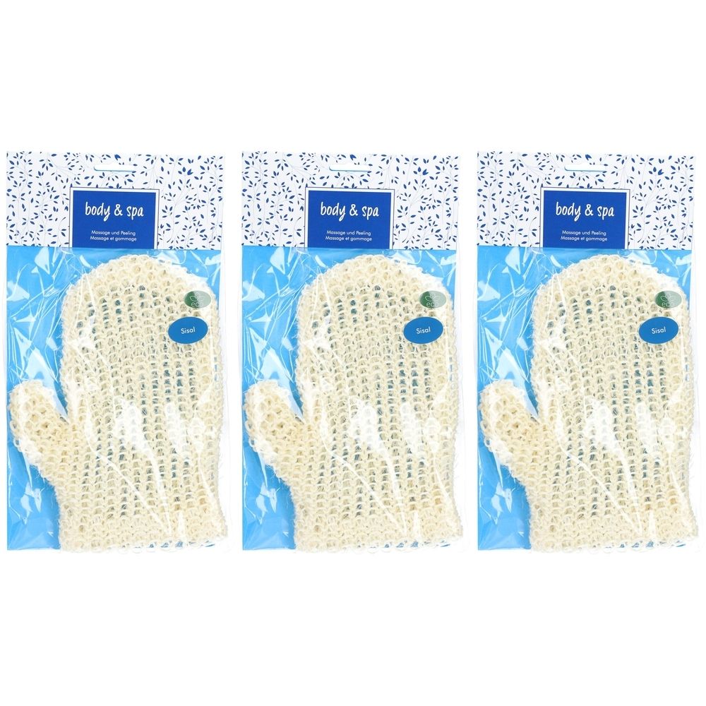 Trois gants de massage en sisal, emballés. Inscription "body & spa". Beige, en forme de gant, avec un crochet.
