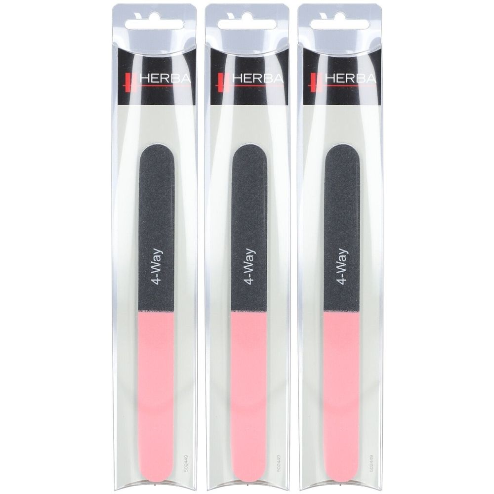 Trois limes à ongles HERBA 4-Way dans des emballages transparents. Zones noires et roses. Inscription "4-Way".