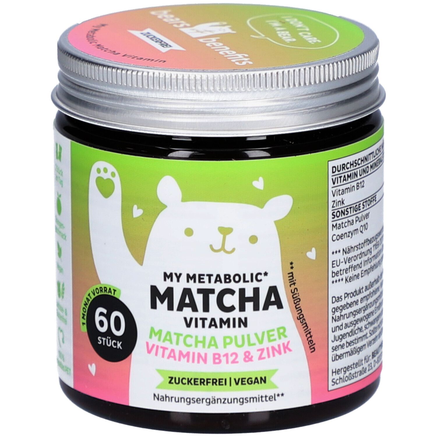 Pot vert avec l'inscription My Metabolic Matcha Vitamin, 60 pièces. Contient de la poudre de matcha, de la vitamine B12 et du zinc.