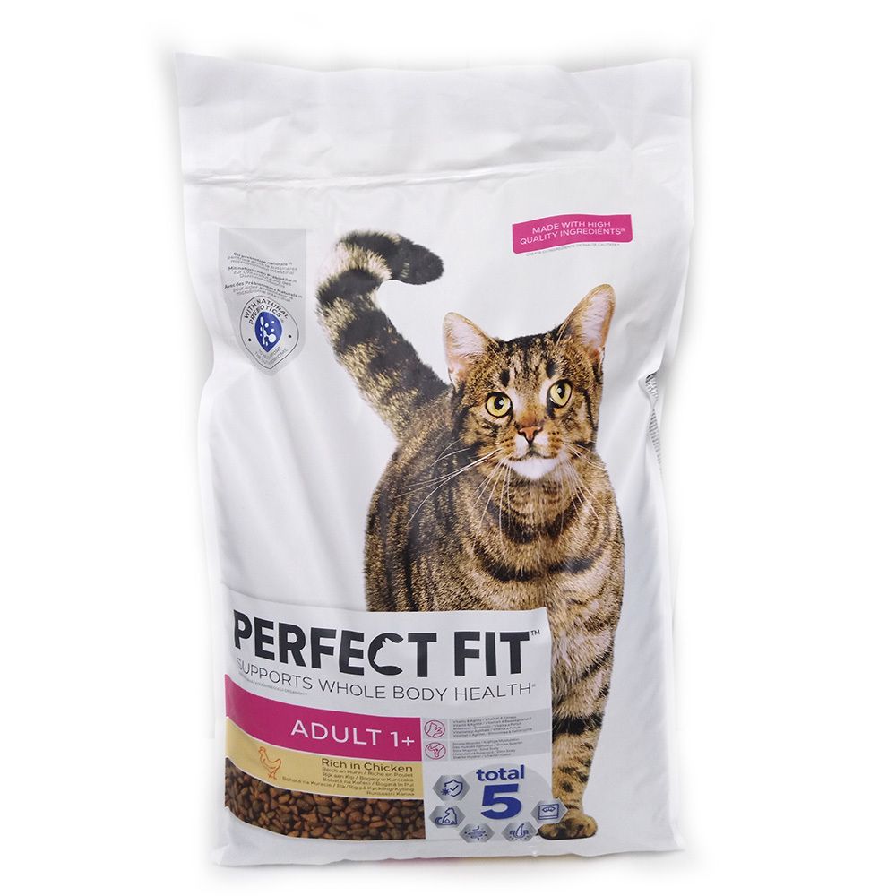 PERFECT FIT Adult Kip. Aliment pour chats en sac. Chat sur l'emballage. Contient 5 avantages.