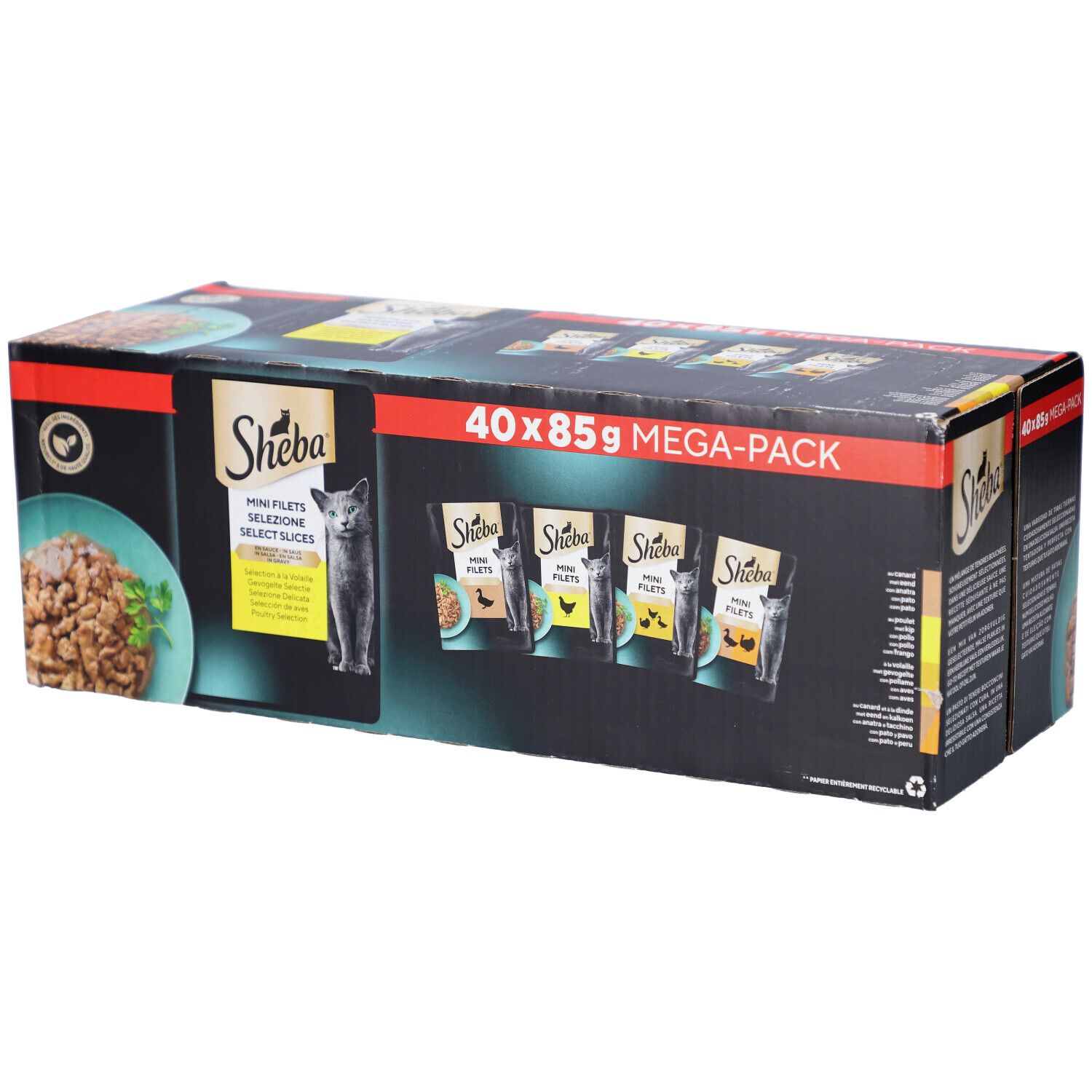 Boîte SHEBA M FIL PCH SS GEV SEL MP. 40 x 85g MEGA-PACK. Image du produit et chat.