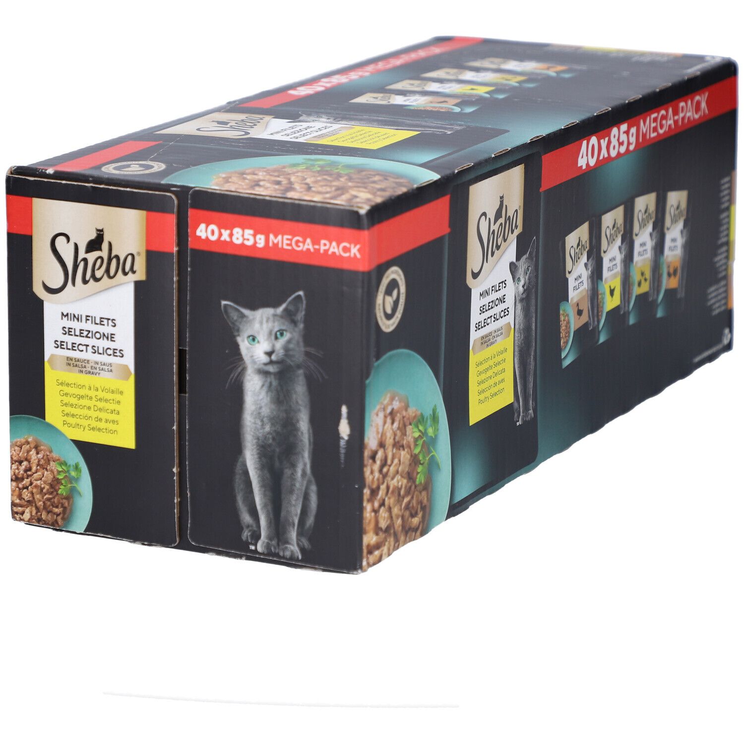 Boîte SHEBA M FIL PCH SS GEV SEL MP. 40 x 85g MEGA-PACK. Image du produit et chat.