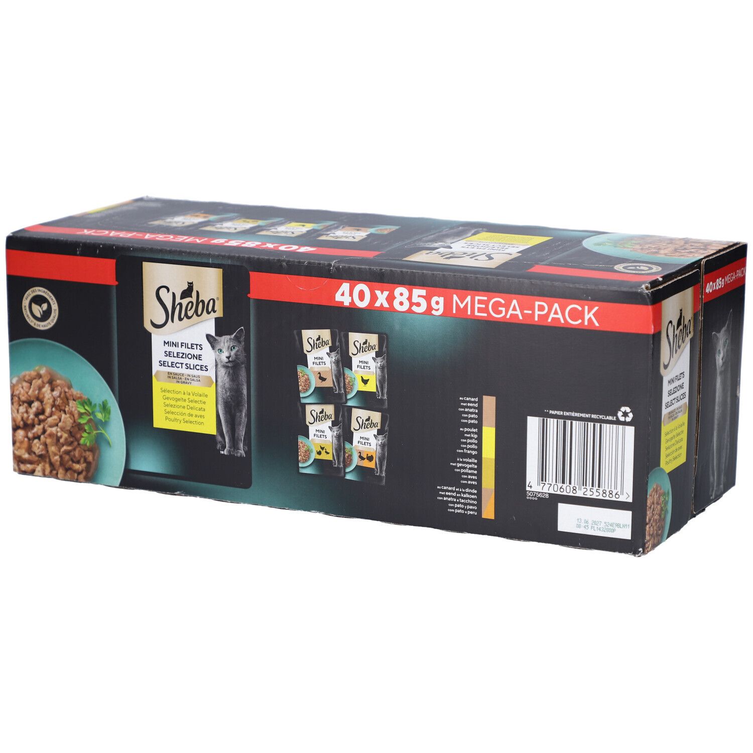 Boîte SHEBA M FIL PCH SS GEV SEL MP. 40 x 85g MEGA-PACK. Image du produit et chat.