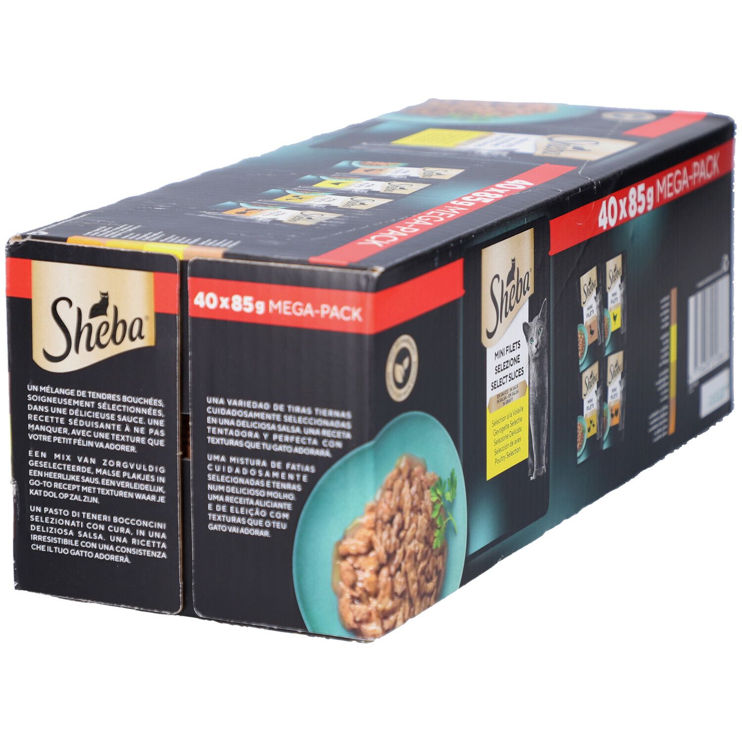 Boîte SHEBA M FIL PCH SS GEV SEL MP. 40 x 85g MEGA-PACK. Image du produit et chat.