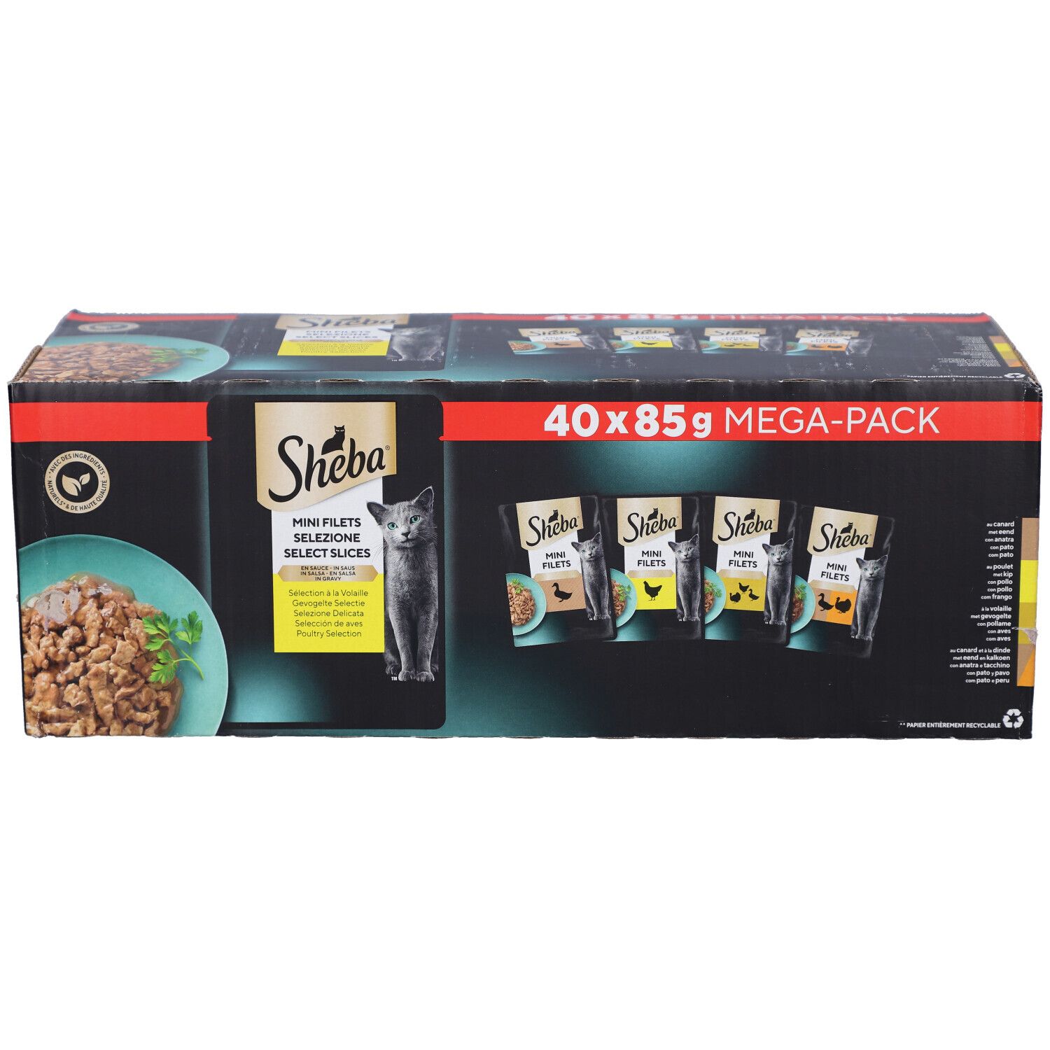 Boîte SHEBA M FIL PCH SS GEV SEL MP. 40 x 85g MEGA-PACK. Image du produit et chat.