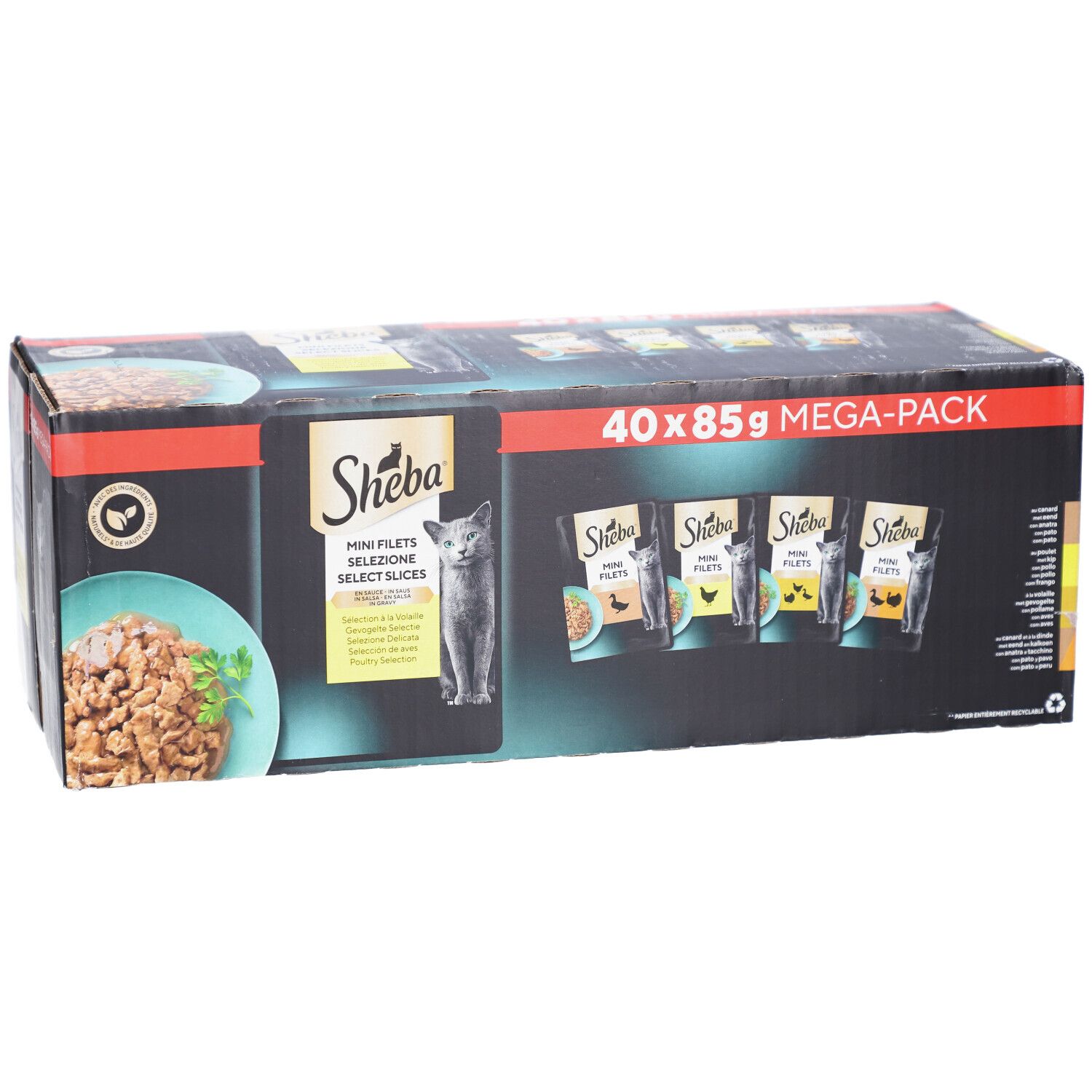Boîte SHEBA M FIL PCH SS GEV SEL MP. 40 x 85g MEGA-PACK. Image du produit et chat.
