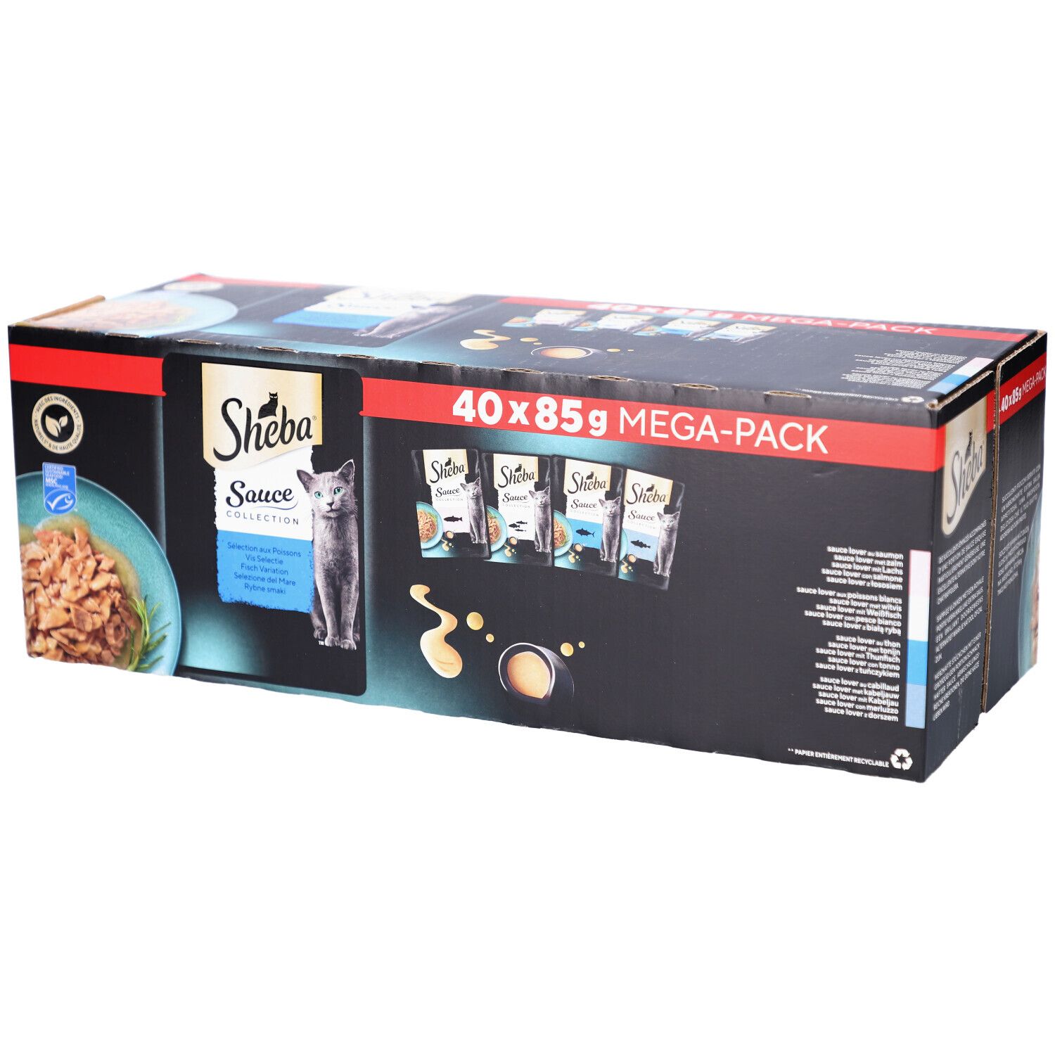 Grand paquet Sheba Sauce Collection. Contient 40 sachets de 85g. Emballage noir avec image du produit et logo.