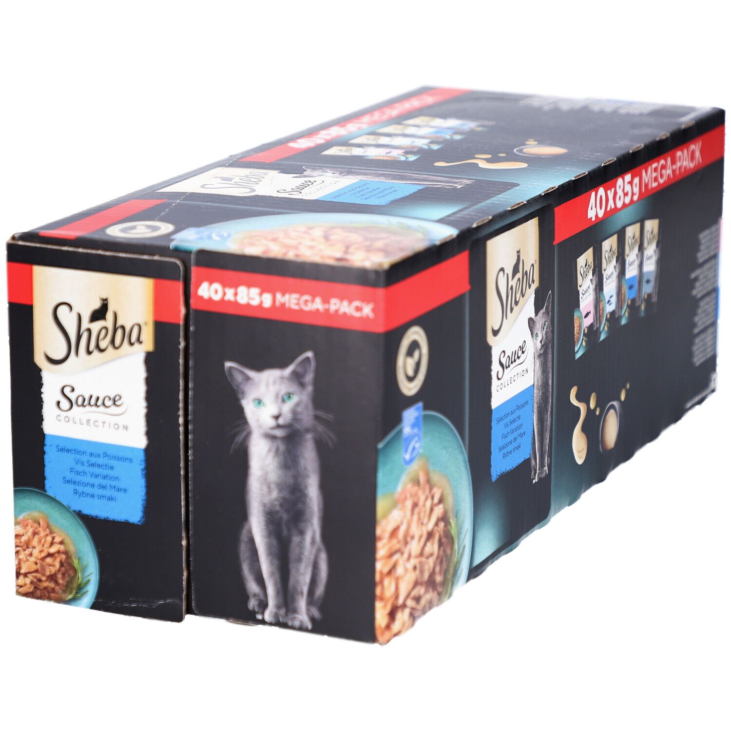 Grand paquet Sheba Sauce Collection. Contient 40 sachets de 85g. Emballage noir avec image du produit et logo.