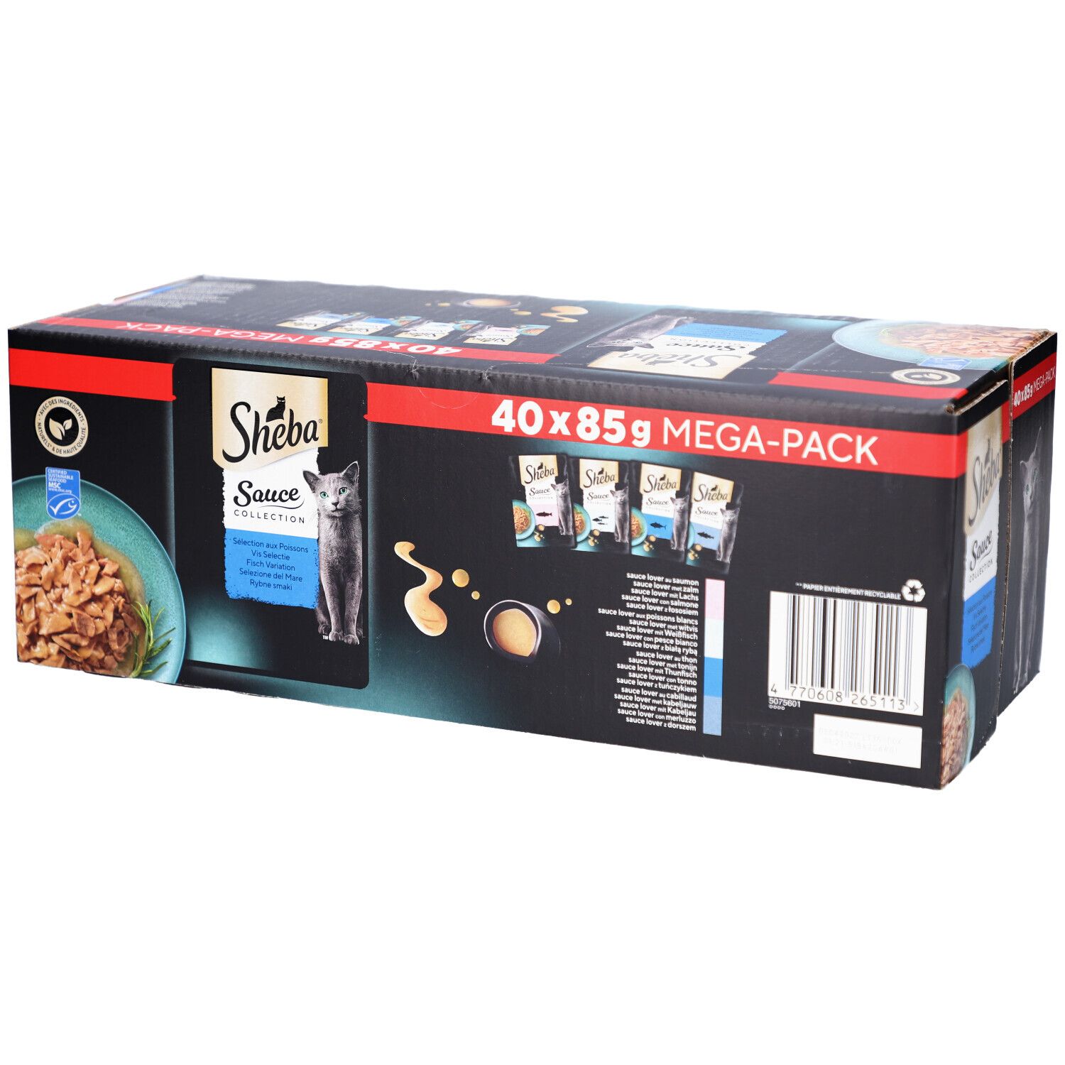 Grand paquet Sheba Sauce Collection. Contient 40 sachets de 85g. Emballage noir avec image du produit et logo.